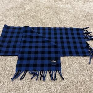 Vtg NEIMAN MARCUS Scarf 100% Lambswool Blue Black Buffalo Plaid Italy 50”x11”245